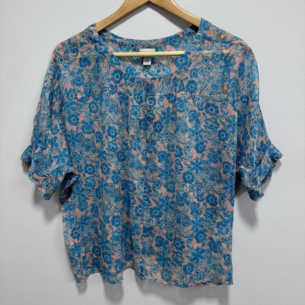 Nordstrom Hinge Teal Blue Floral Semi Sheer Blouse L